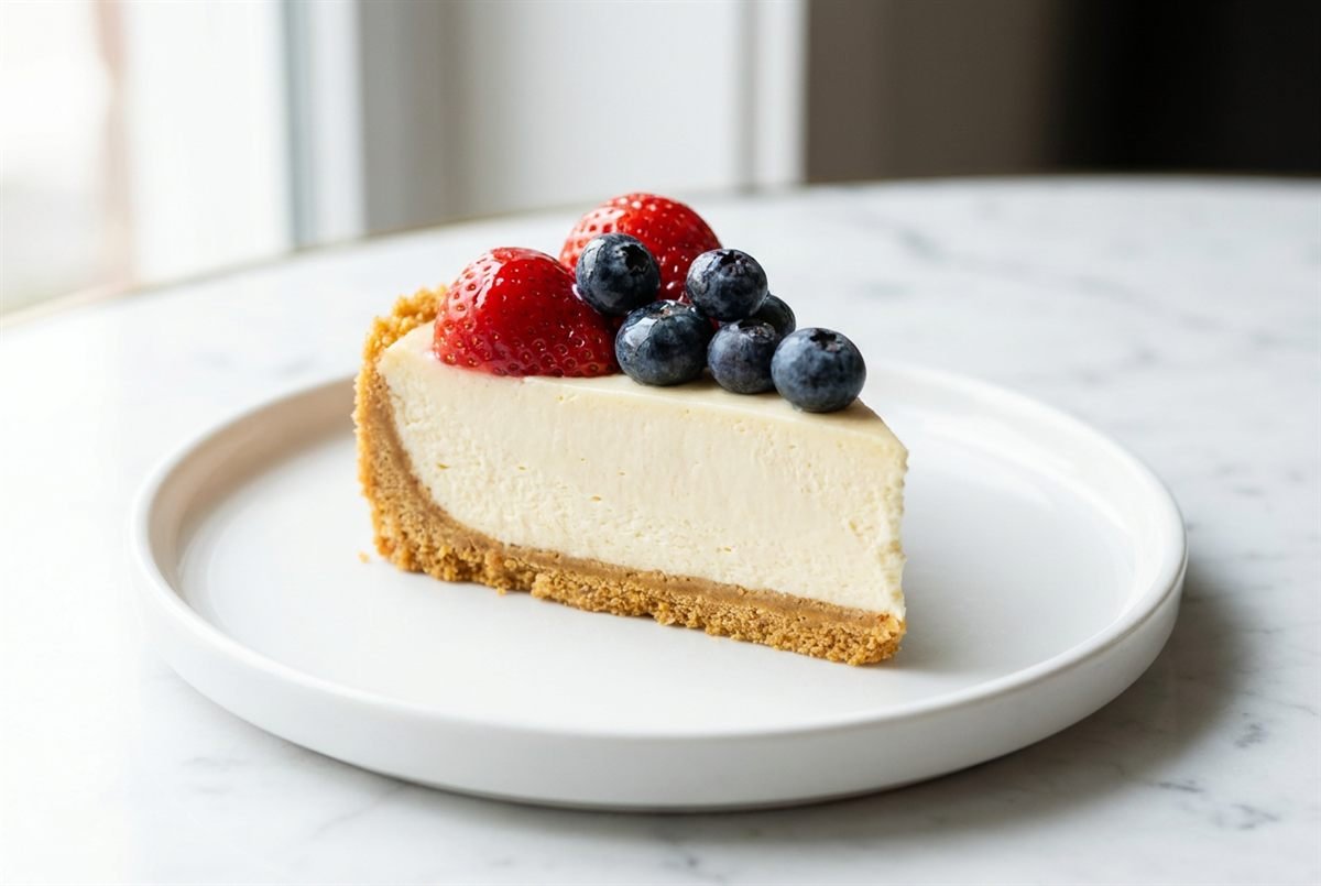 A slice of no-bake strawberry cheesecake on a golden graham crust