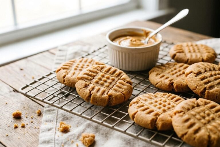 Flourless peanut butter cookies with a fork crisscross pattern cooling on a wire rack.