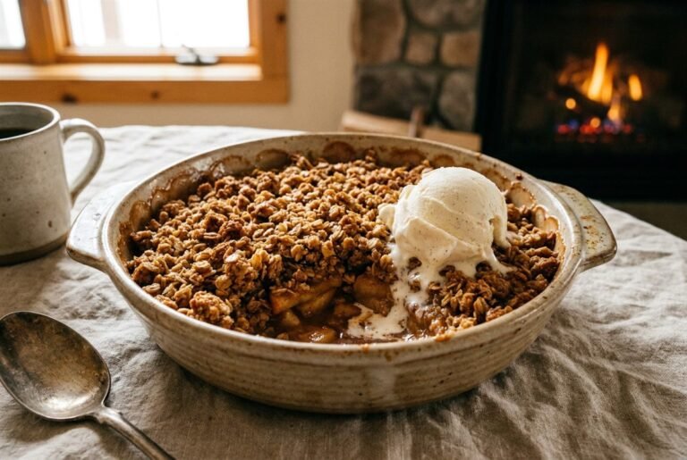 Apple crisp with a golden crunchy oat topping over cinnamon apples in a baking dish.