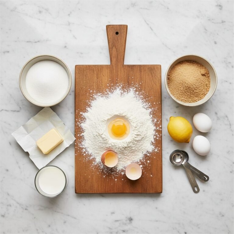 A flat lay of baking ingredients including eggs, butter, sugar, flour and milk on marble.