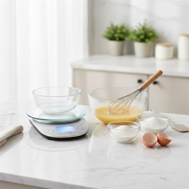 A tidy beginner baking setup with a scale, bowls, whisk and measured ingredients.