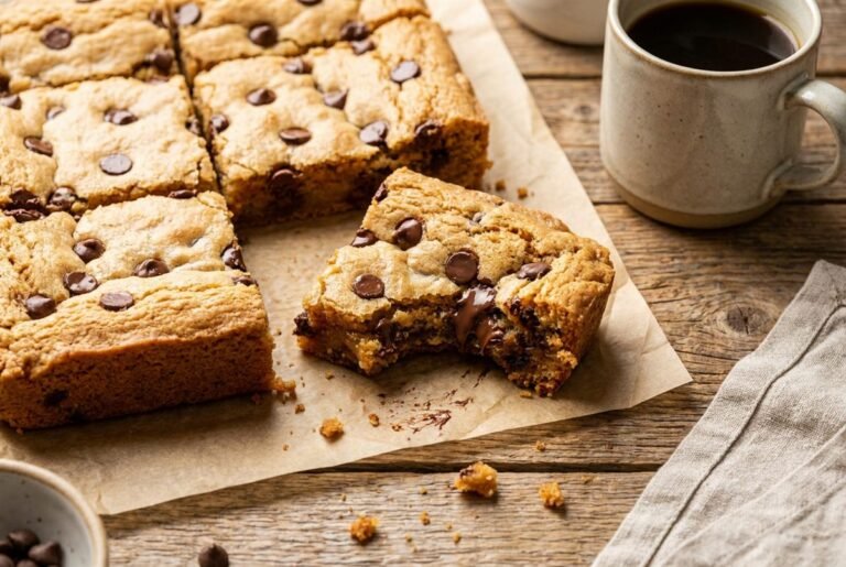 Chewy golden blondies cut into squares with melty chocolate chips.