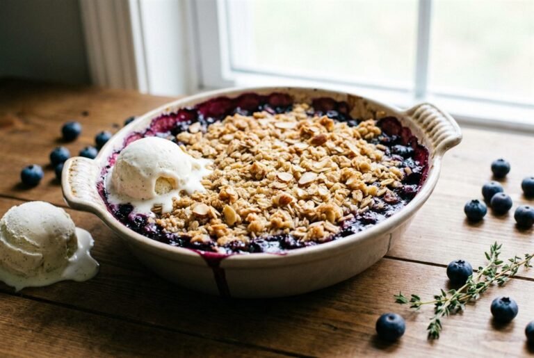 A blueberry crumble bubbling with purple juices under a golden oat topping.