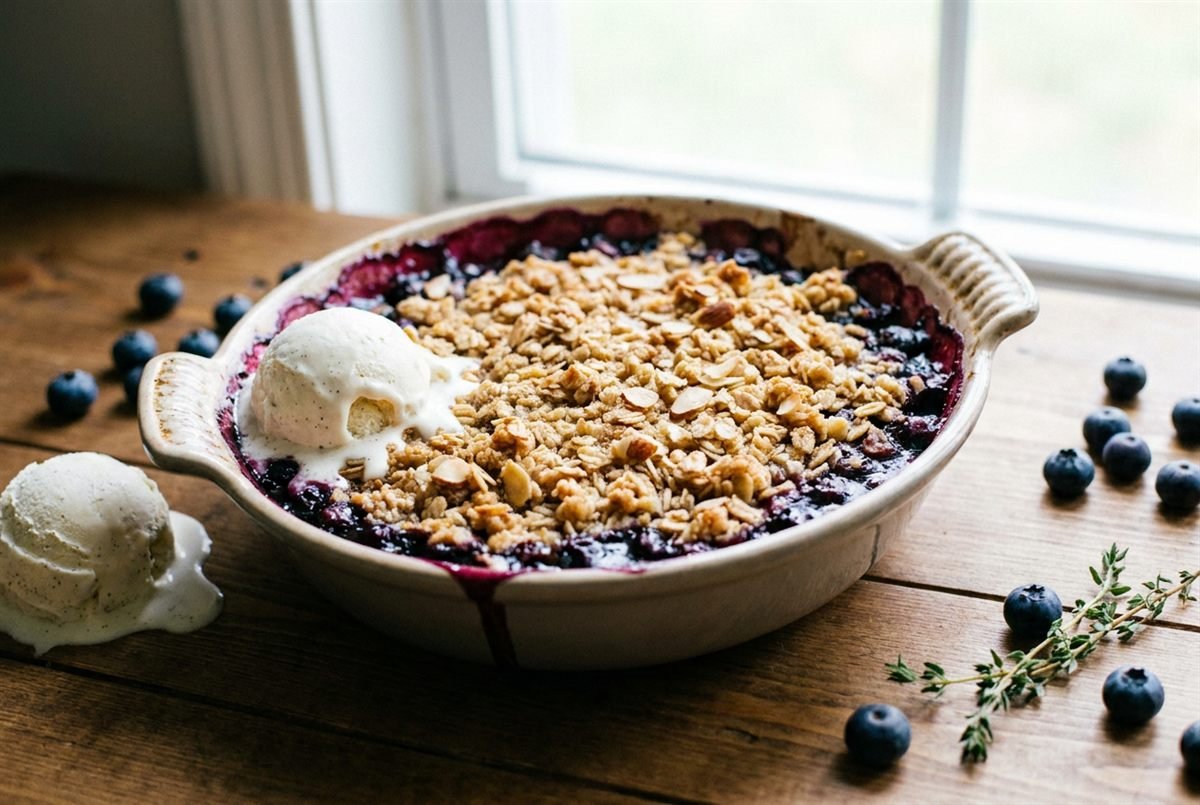 A blueberry crumble bubbling with purple juices under a golden oat topping.