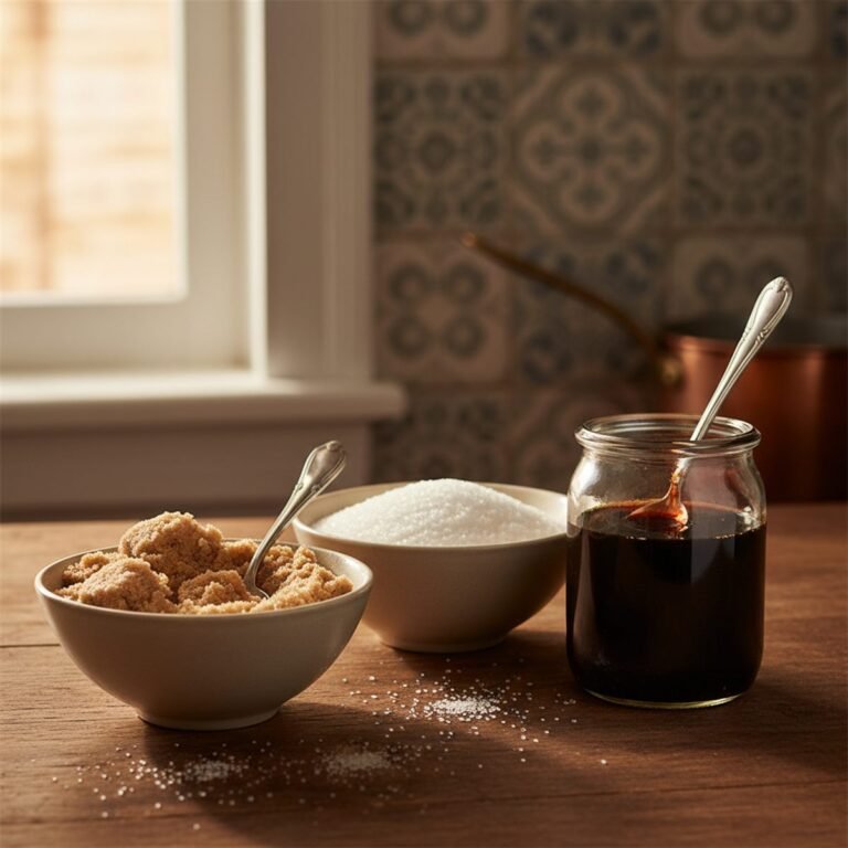 A bowl of brown sugar next to white sugar and molasses, showing how to make a substitute.