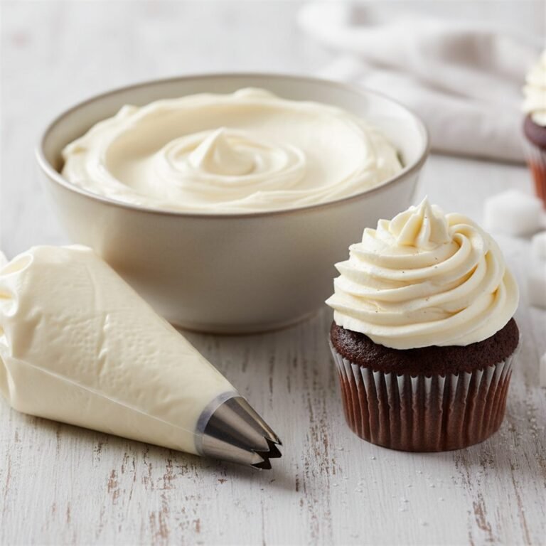 A bowl of fluffy vanilla buttercream with a piping bag and a swirl on a cupcake.