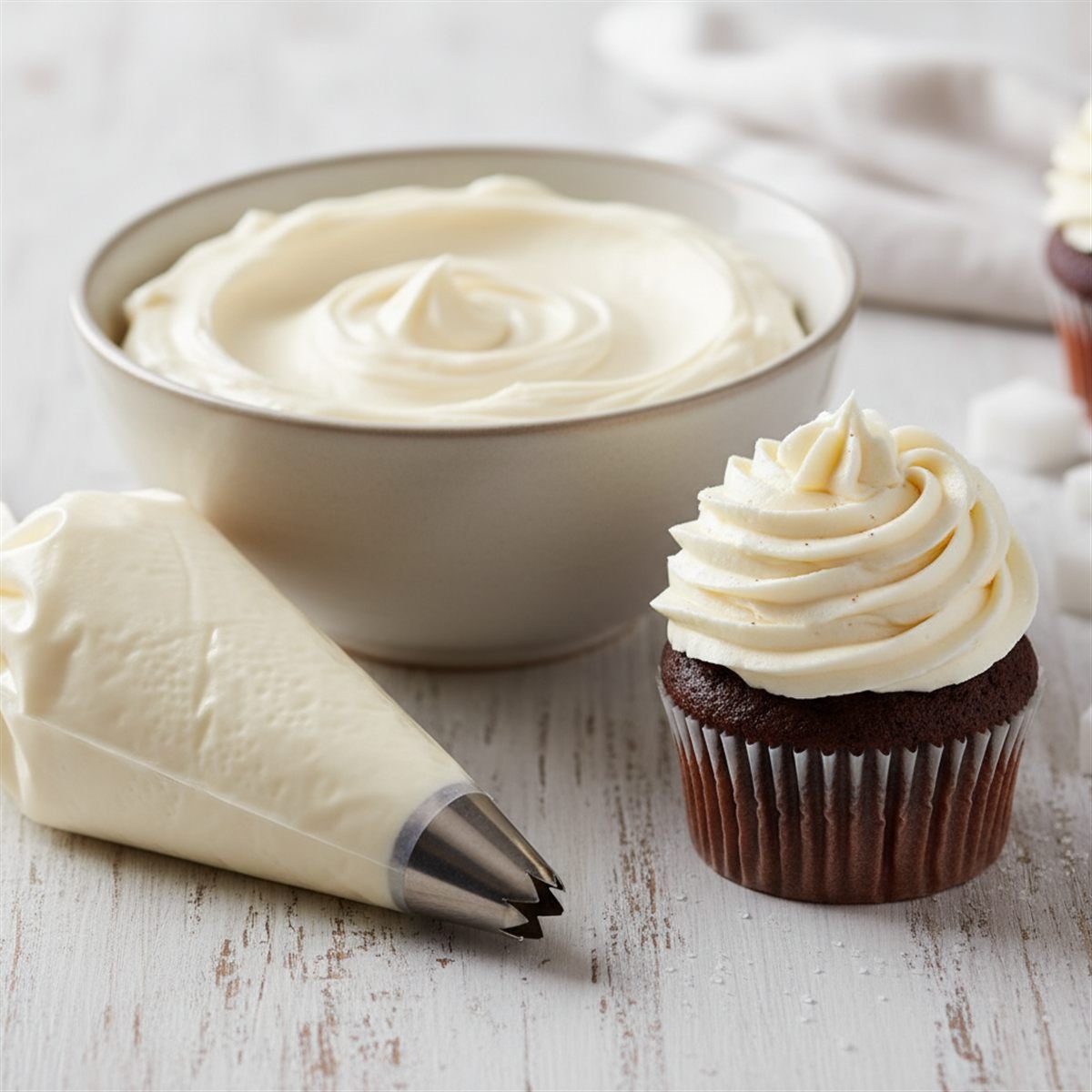 A bowl of fluffy vanilla buttercream with a piping bag and a swirl on a cupcake.