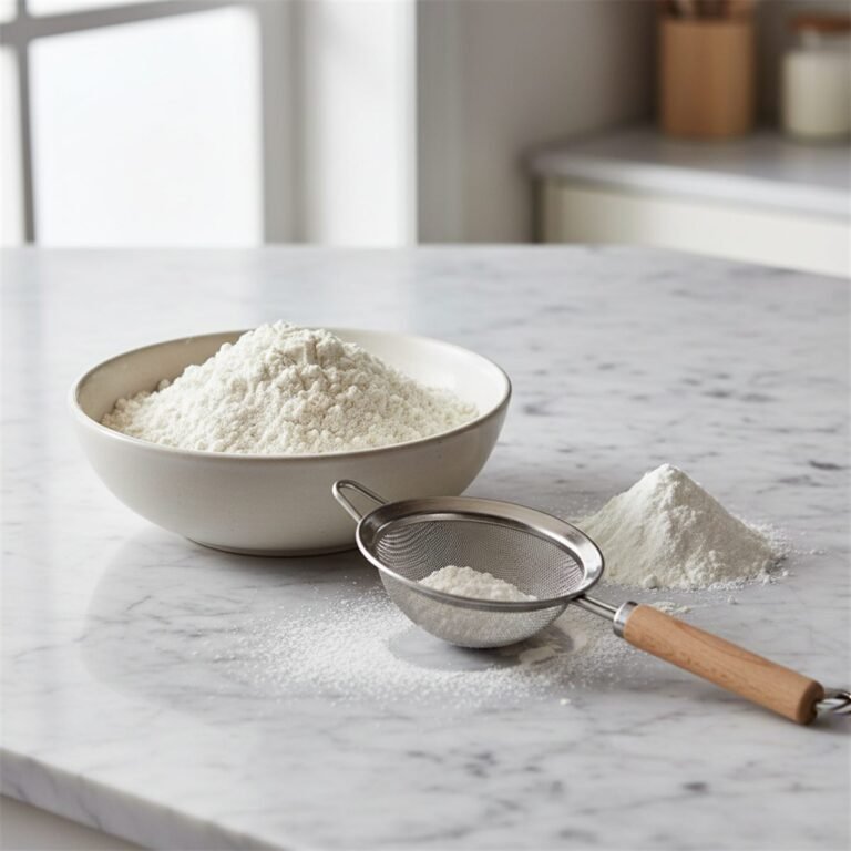 A bowl of sifted flour with cornstarch to make a cake flour substitute.