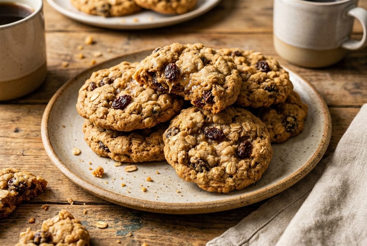 Chewy oatmeal cookies stacked with soft centers and visible oats and raisins.