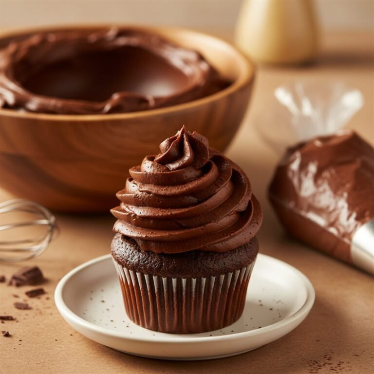 A swirl of glossy chocolate buttercream on a cupcake with a piping bag.