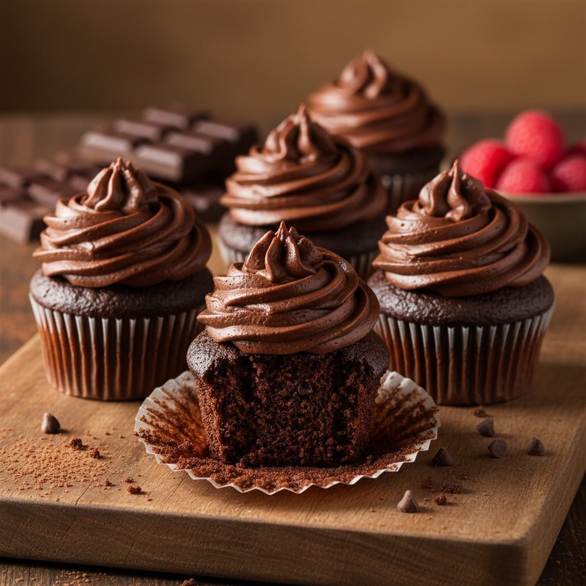 Chocolate cupcakes with swirled chocolate buttercream, one showing a moist crumb.