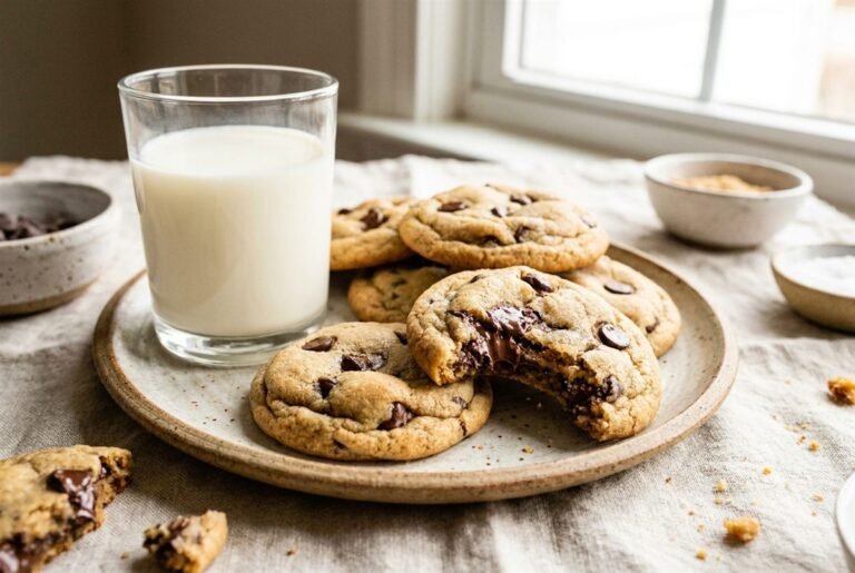 Soft eggless chocolate chip cookies stacked and chewy with melty chocolate.