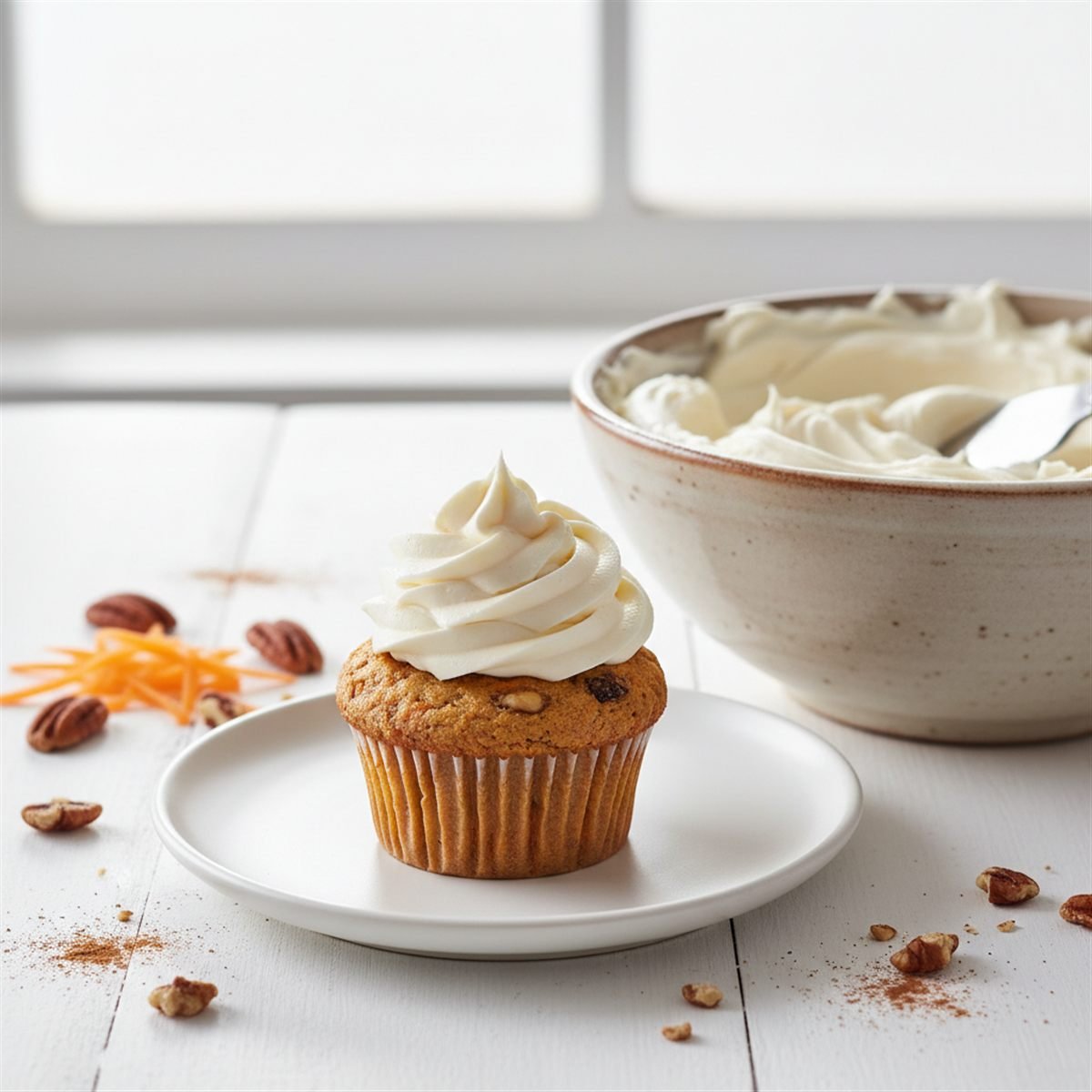 A swirl of cream cheese frosting on a carrot cupcake with a bowl of frosting.