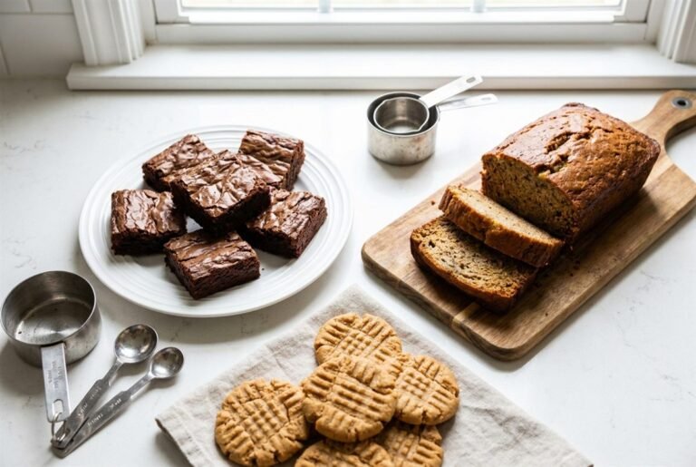 An assortment of easy beginner bakes including brownies, banana bread and cookies on a kitchen counter.