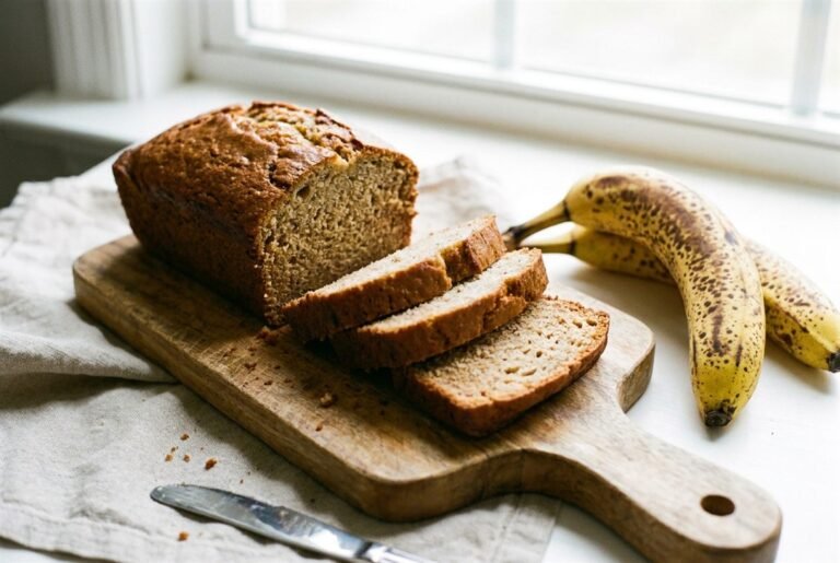 A sliced loaf of moist homemade banana bread fanned out on a wooden board.