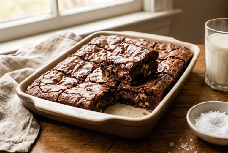 A tray of fudgy brownies cut into squares with shiny crackly tops.