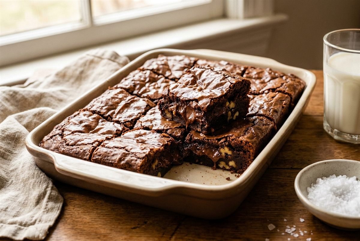 A tray of fudgy brownies cut into squares with shiny crackly tops.