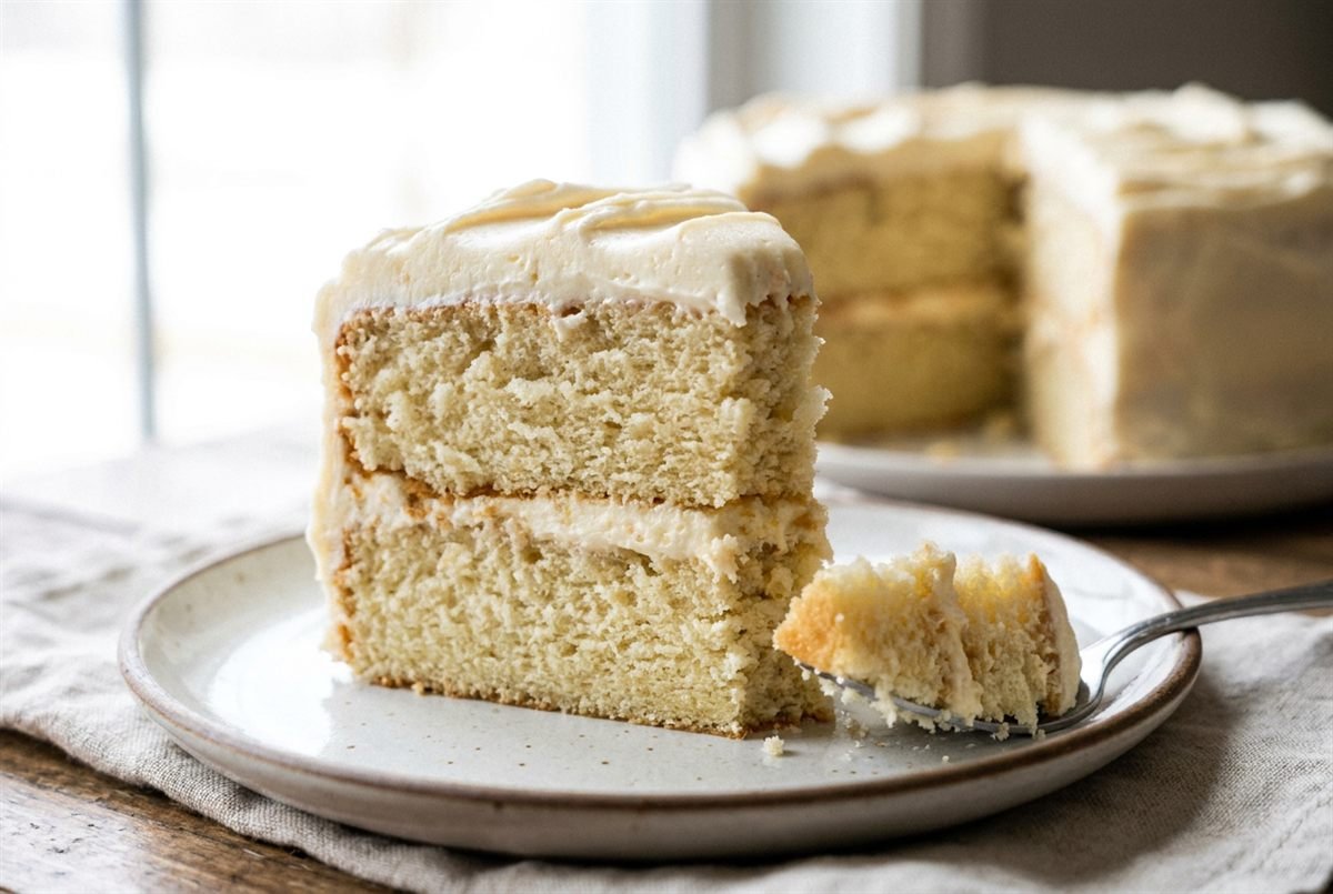 A slice of fluffy vanilla layer cake with a soft crumb and frosting.