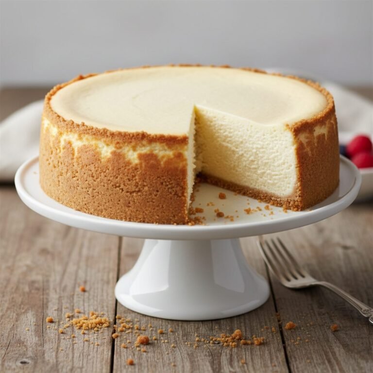 A tall creamy classic baked cheesecake with a smooth top and graham cracker crust.