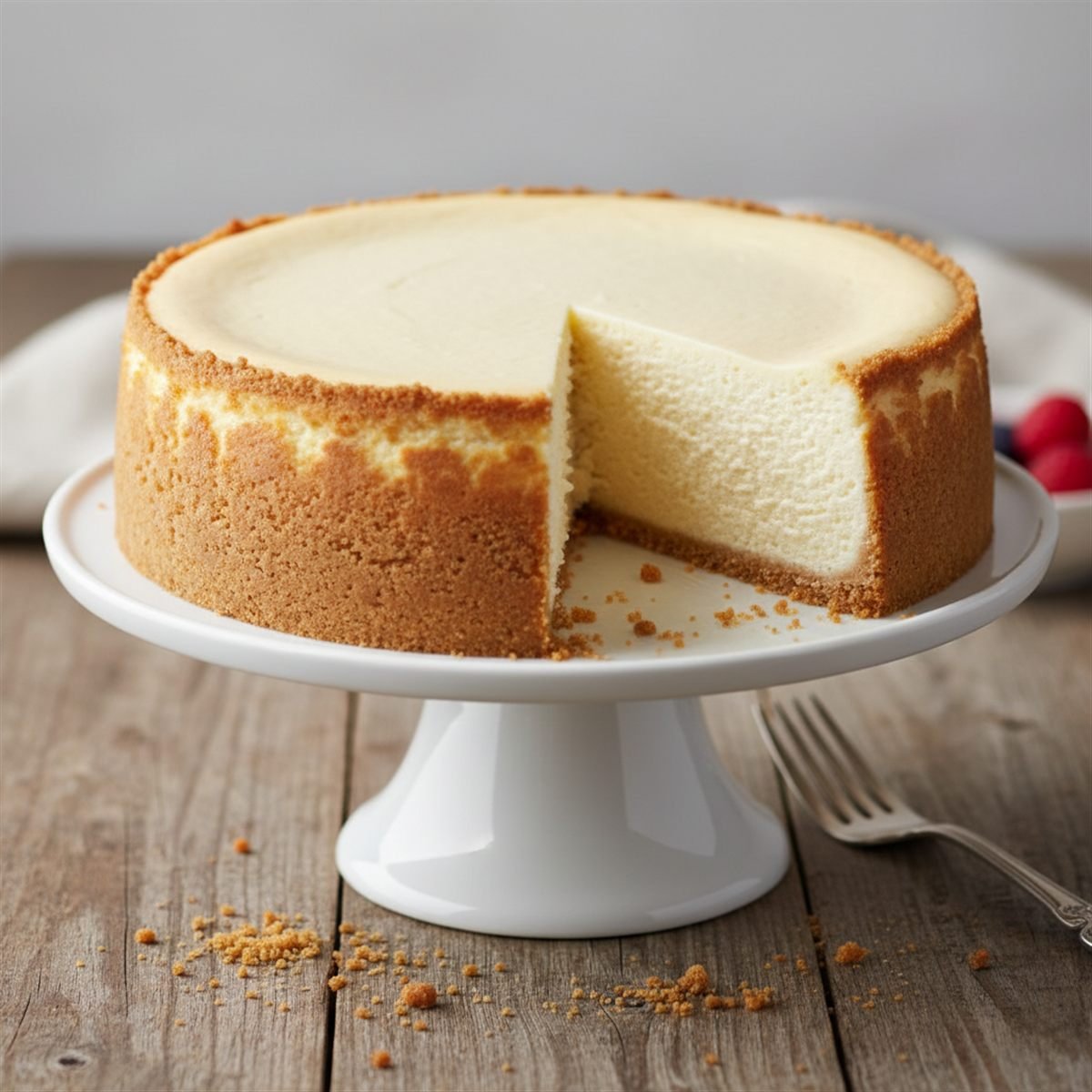 A tall creamy classic baked cheesecake with a smooth top and graham cracker crust.