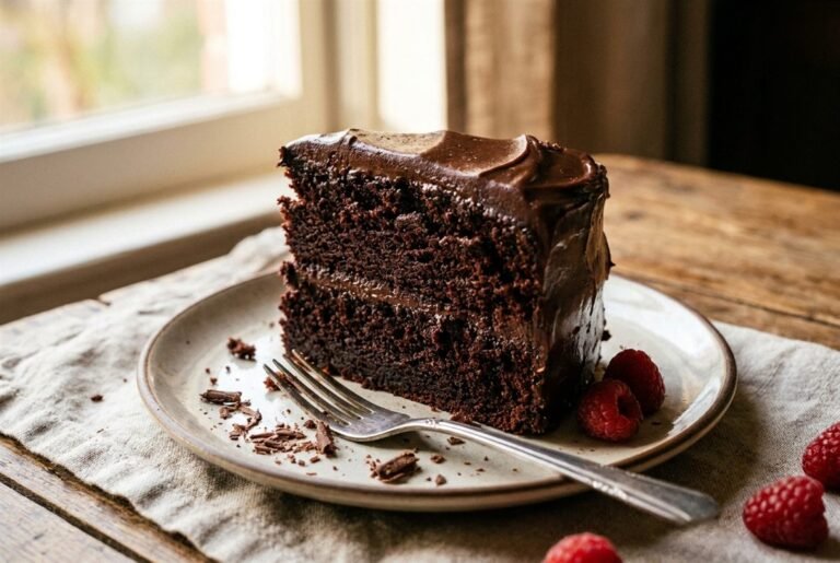 A slice of moist chocolate layer cake with chocolate frosting and a fudgy crumb.