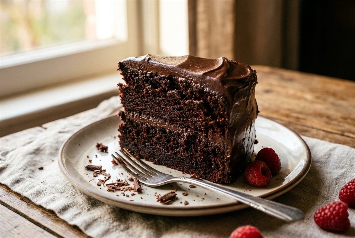 A slice of moist chocolate layer cake with chocolate frosting and a fudgy crumb.