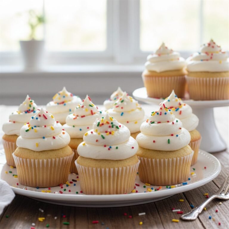 A dozen frosted vanilla cupcakes with swirled buttercream and sprinkles.