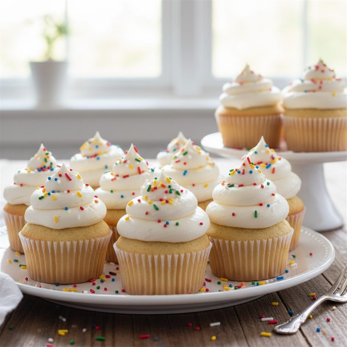 A dozen frosted vanilla cupcakes with swirled buttercream and sprinkles.