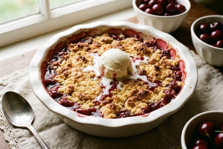 A cherry dump cake with a golden buttery top over bubbling cherry filling and ice cream.