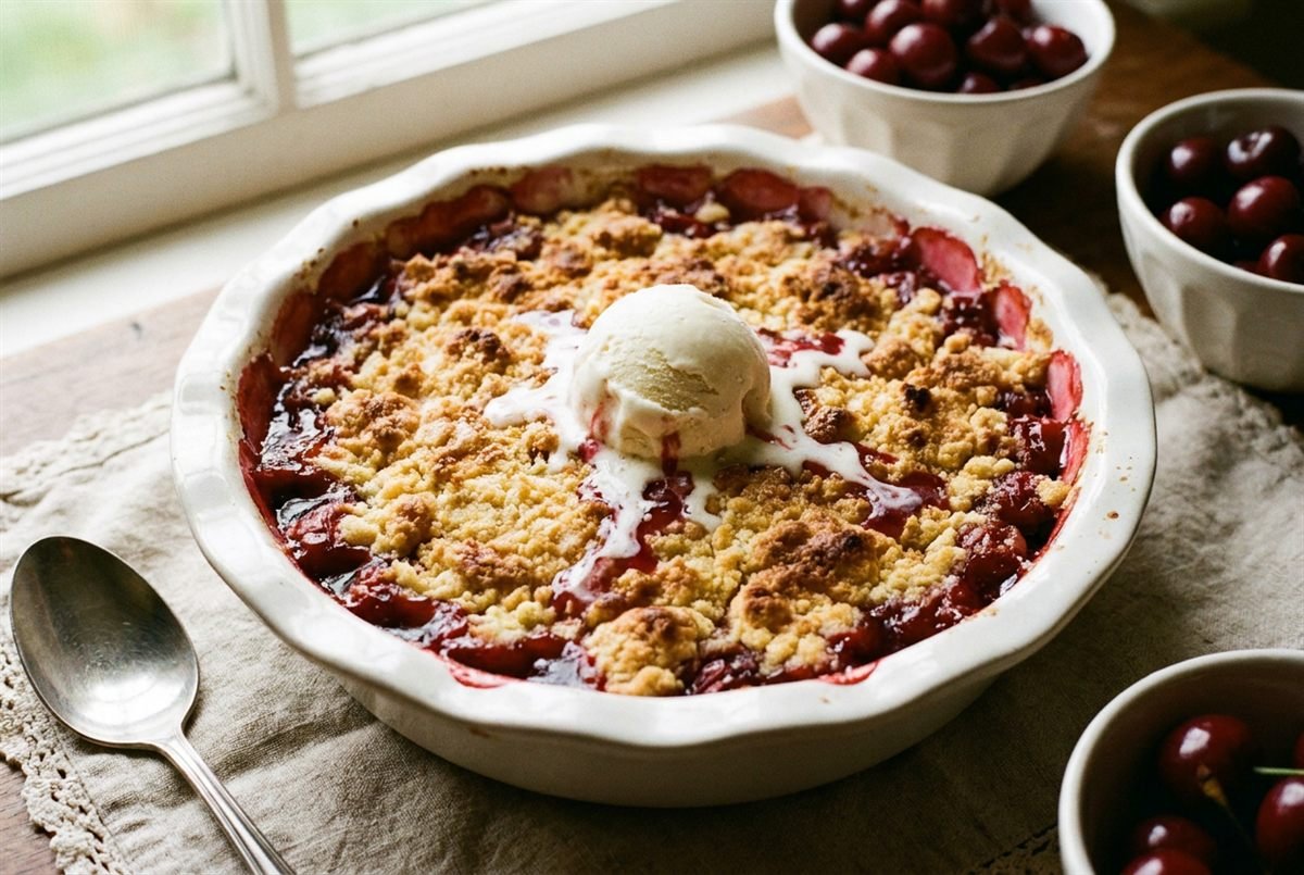 A cherry dump cake with a golden buttery top over bubbling cherry filling and ice cream.