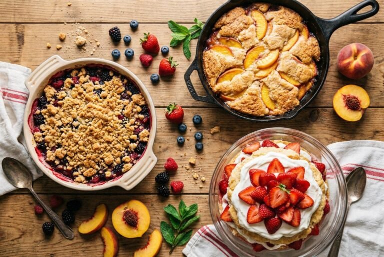 A rustic spread of easy fruit desserts including berry crumble, peach cobbler and strawberry shortcake