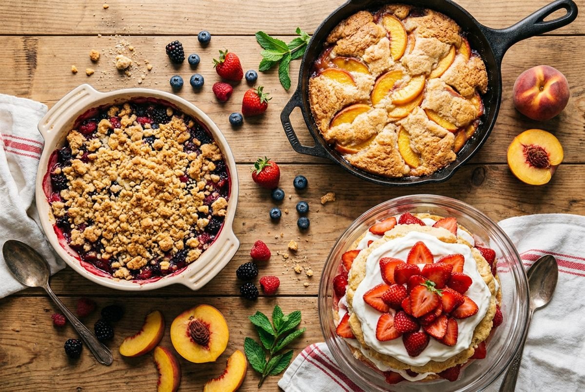 A rustic spread of easy fruit desserts including berry crumble, peach cobbler and strawberry shortcake.