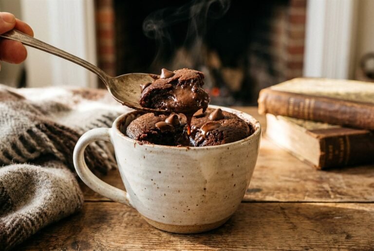 A chocolate mug cake in a mug with a spoon and a soft, molten center.