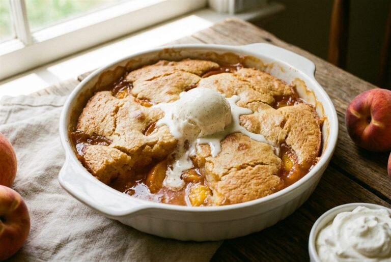 A golden peach cobbler bubbling in a baking dish with vanilla ice cream on top.