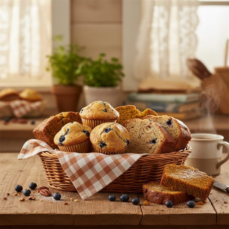 A basket of assorted muffins and slices of quick bread with golden tops.