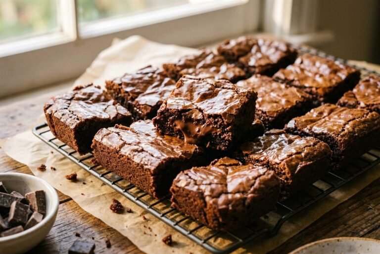 Fudgy gluten-free brownies cut into squares with shiny crackly tops.