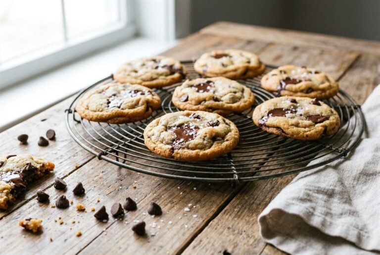 Soft gluten-free chocolate chip cookies stacked, chewy and golden with melty chocolate.