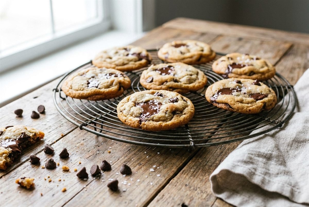Soft gluten-free chocolate chip cookies stacked, chewy and golden with melty chocolate.
