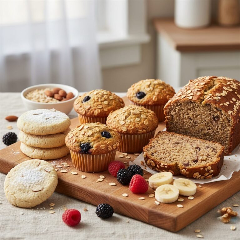 Healthy baked goods including oat muffins, banana bread and almond flour cookies with fruit.