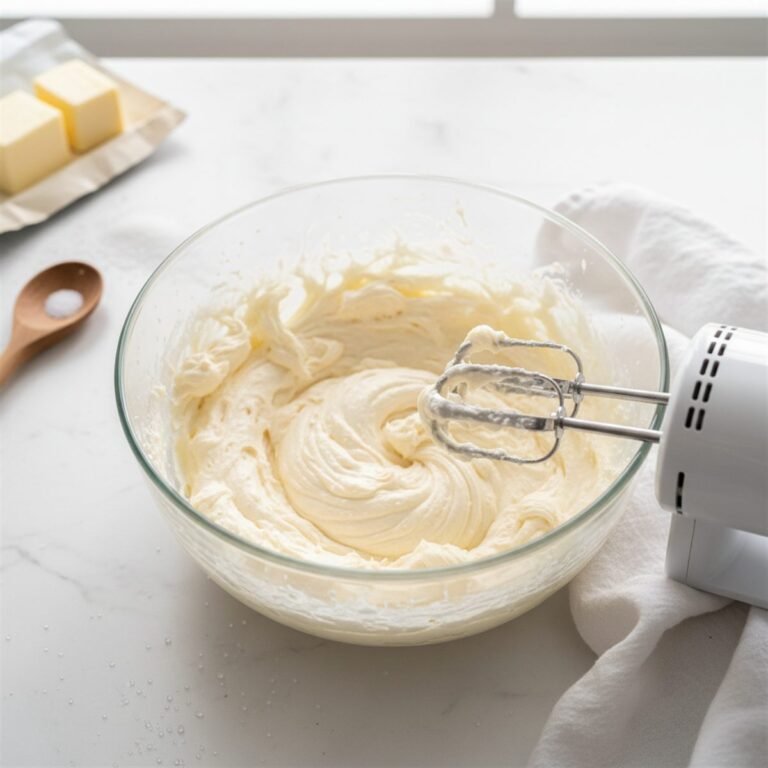 Pale, fluffy creamed butter and sugar in a mixing bowl with a hand mixer.