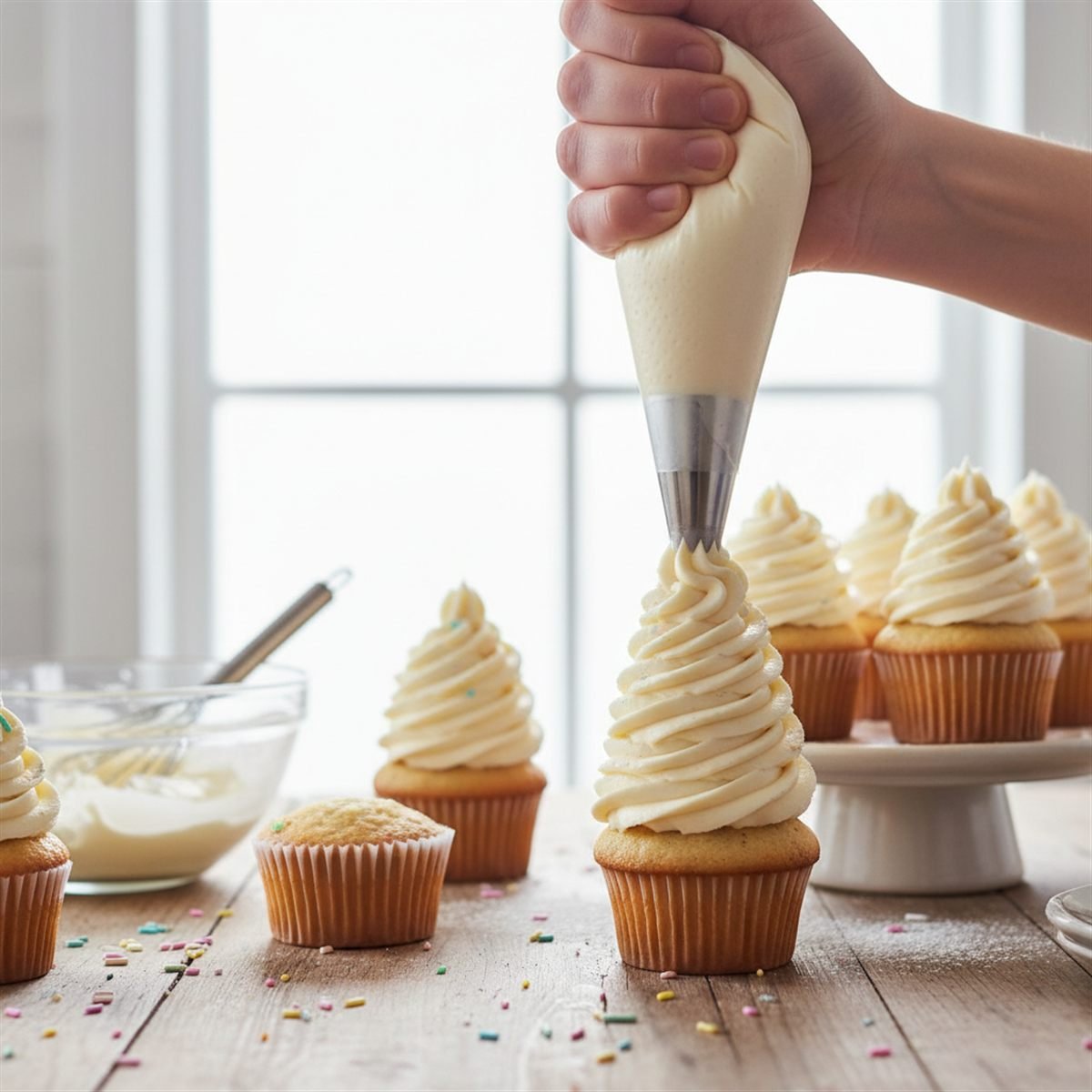 A hand piping a tall buttercream swirl onto a cupcake with a star tip.