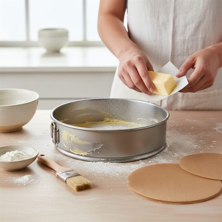 Greasing a round cake pan with butter and dusting it with flour.