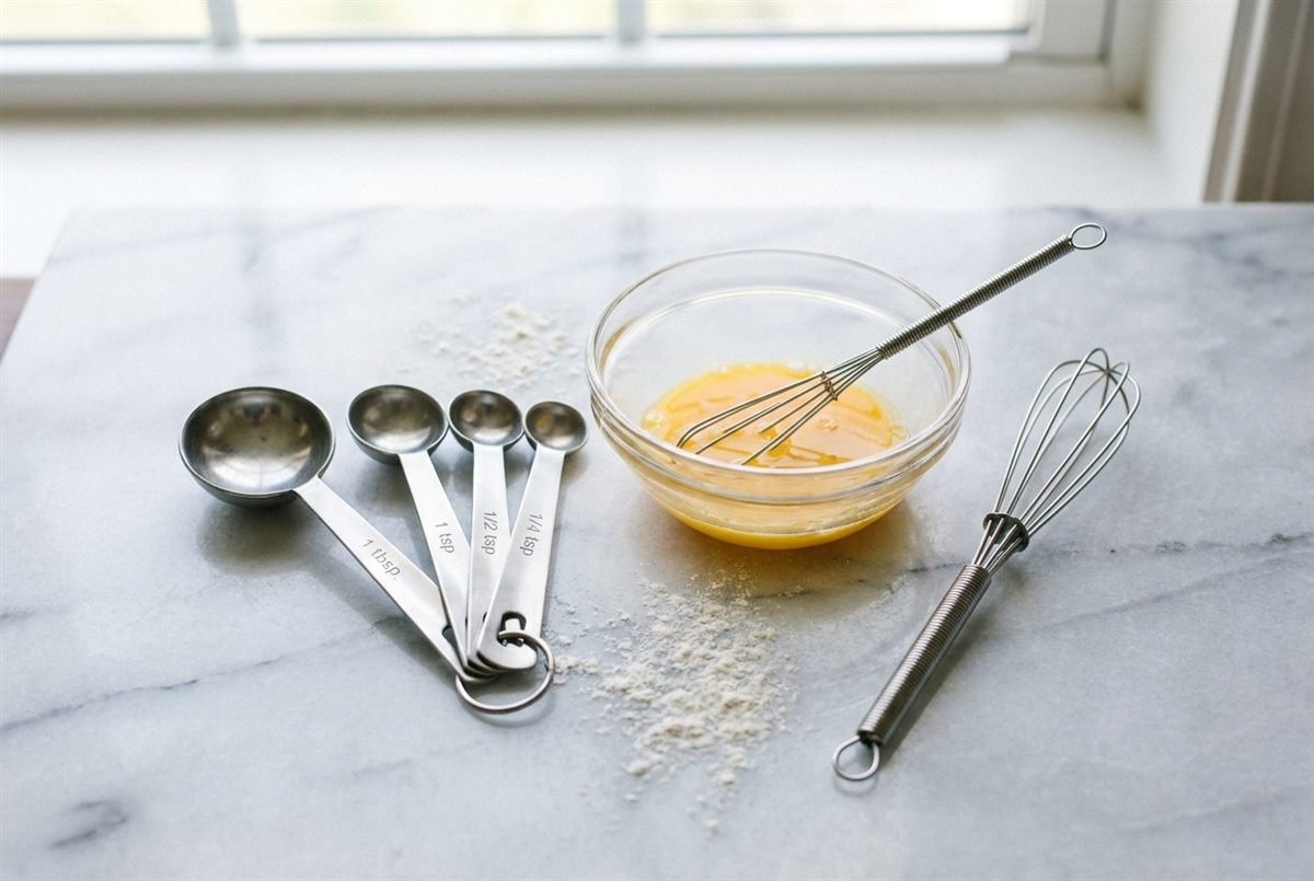 Measuring spoons beside a beaten egg in a bowl, ready for halving a recipe.