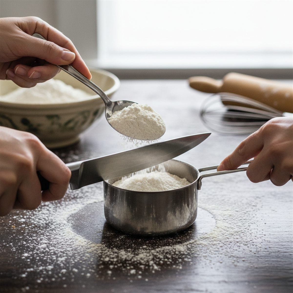 Spooning flour into a measuring cup and leveling it off with a knife.