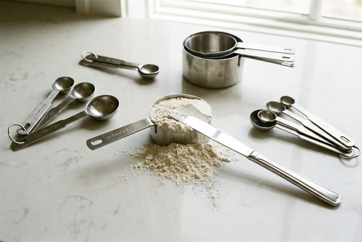 Measuring cups, measuring spoons and flour on a counter for measuring without a kitchen scale.