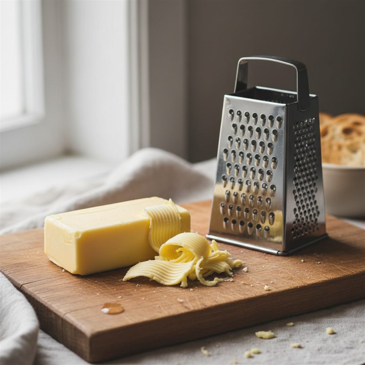 A stick of butter softening on a counter with a finger pressing to show soft texture.