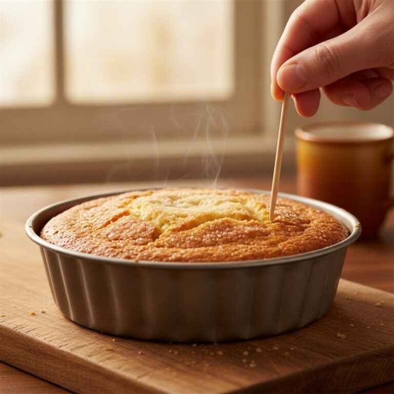 Inserting a toothpick into the center of a baked cake to test for doneness.