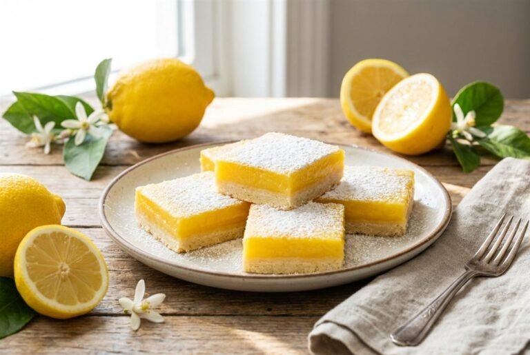 Lemon bars dusted with powdered sugar over bright lemon curd and a shortbread crust.