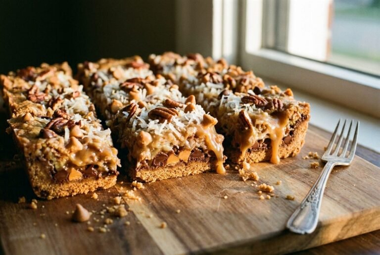Magic seven-layer bars cut into squares with graham crust, chocolate and coconut.