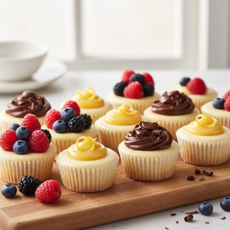 Mini cheesecakes in a muffin tin topped with fresh berries and fruit.